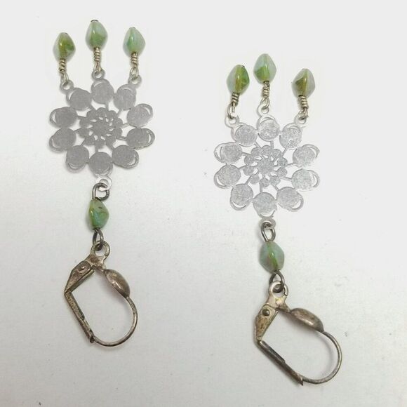 Vintage Dangle Earrings, Silver Tone and Green Beaded Fringe, Retro Estate - Picture 2 of 4